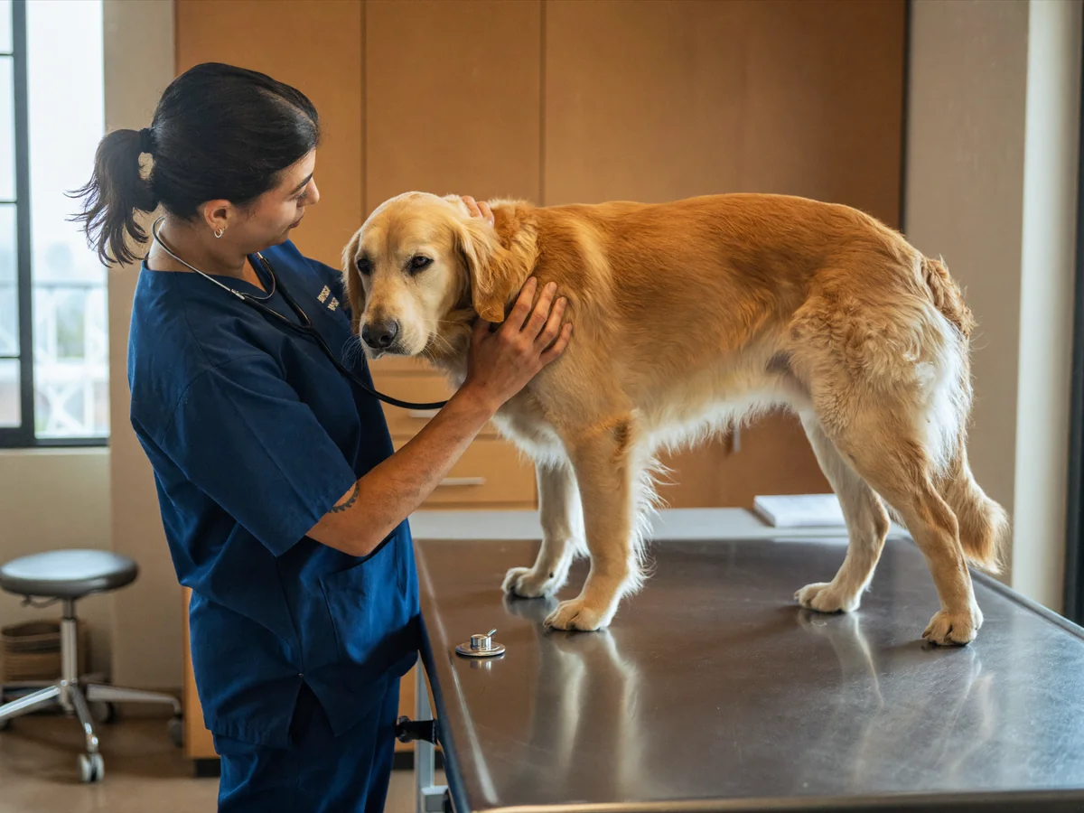 Veterinaria auscultando a un golden retriever sobre la mesa del consultorio