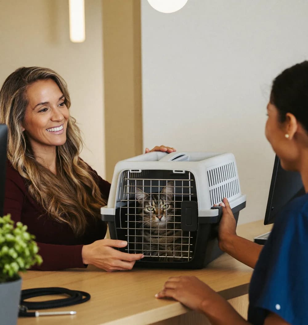 Clienta entregando su gato en el mostrador